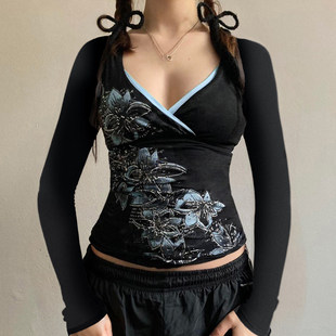 T恤vintage复古印花上衣女 撞色V领显胸长袖 ROCKMORE 古早辣妹