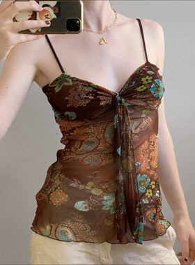 ROCKMORE【中古世纪】古着感腰果花印花撞色褶皱吊带打底修身背心