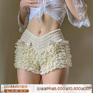 甜美ins风热裤 ROCKMORE 打揽褶皱蕾丝花边蝴蝶结短裤 法式 少女