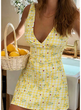 ROCKMORE【夏日清新】柠檬碎花V领黄色背心短裙田园风度假连衣裙