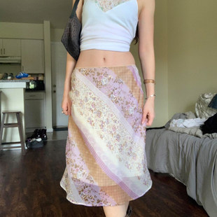 ROCKMORE 浪漫小碎花网纱拼接低腰半身裙辣妹中裙夏 田园度假风