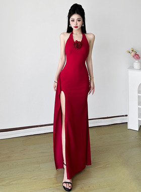 ROCKMORE【烈焰玫瑰】红色立体花开叉度假连衣裙高级感挂脖包臀裙