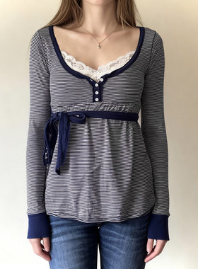 ROCKMORE【法式少女】蓝色条纹绑带A摆高腰长袖上衣蕾丝领口T恤潮