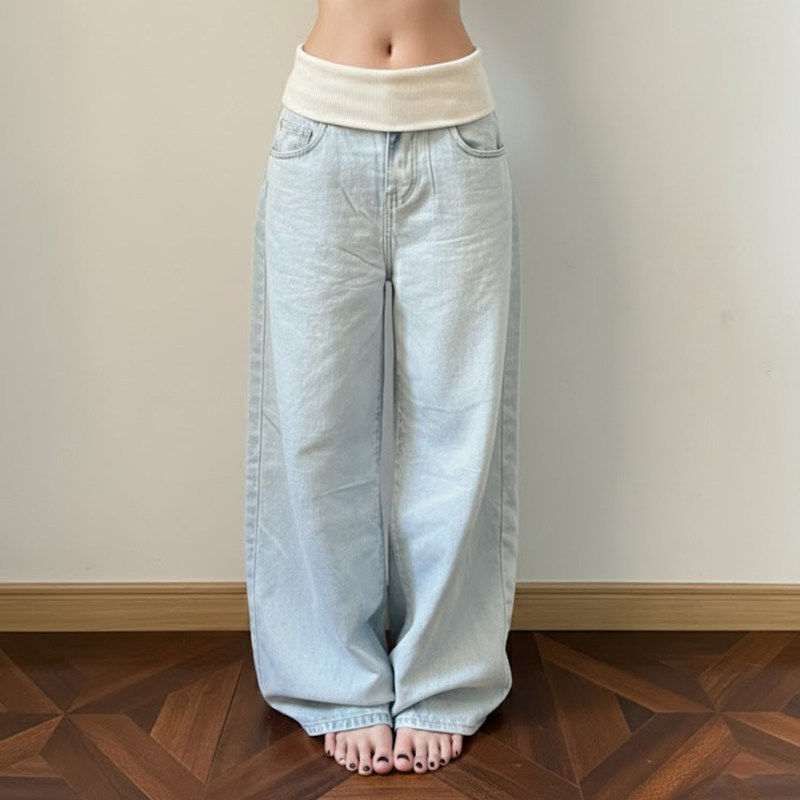 ROCKMORE【慵懒气质】蓝色翻腰头拼接低腰阔腿牛仔裤基础百搭长裤,女装/女士精品,牛仔裤,淘宝优惠券,粉丝福利购,淘宝优惠卷