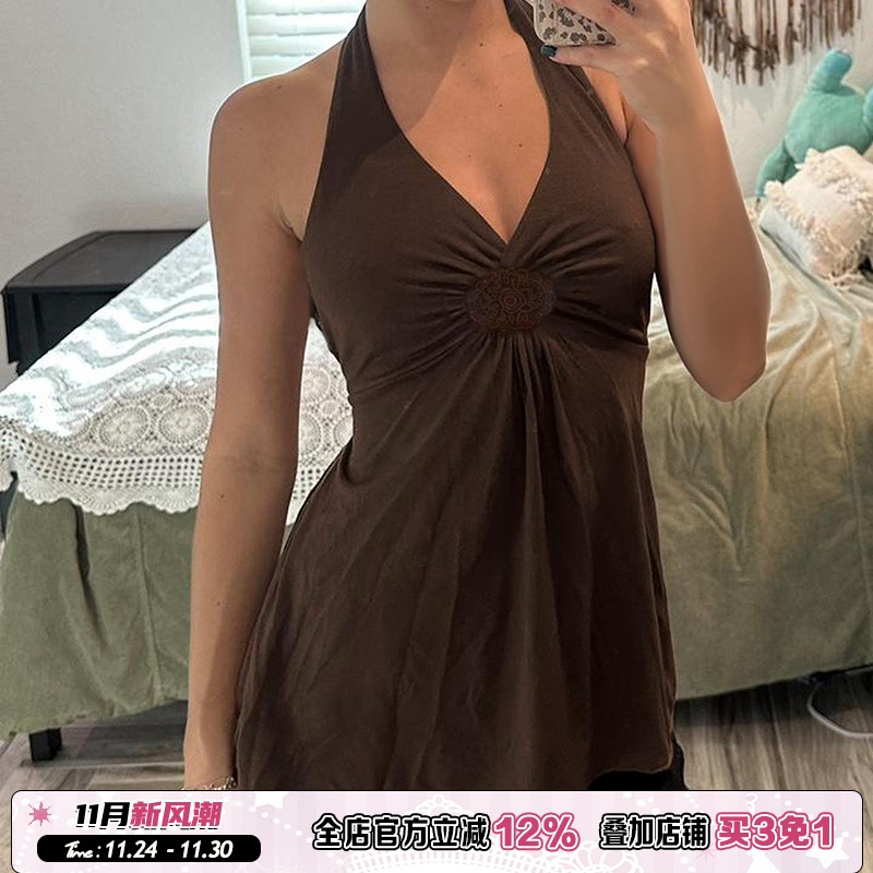 美拉德棕胸前扭结褶皱V领背心