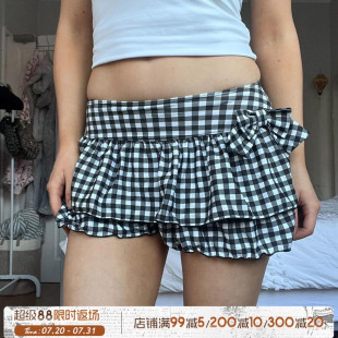 饰辣妹热裤 ROCKMORE 蝴蝶结腰头装 甜美少女 潮 黑白格纹花苞短裤