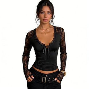 上衣女性感修身 蕾丝拼接V领长袖 百搭黑色T恤 欧美气质 ROCKMORE