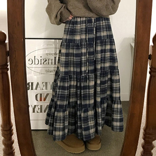 松紧腰显瘦A字长裙 慵懒感复古格纹半身裙女 ROCKMORE 文艺少女