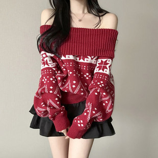 红色氛围感一字肩毛衣女高级感宽松上衣潮 费尔岛 ROCKMORE 冬季