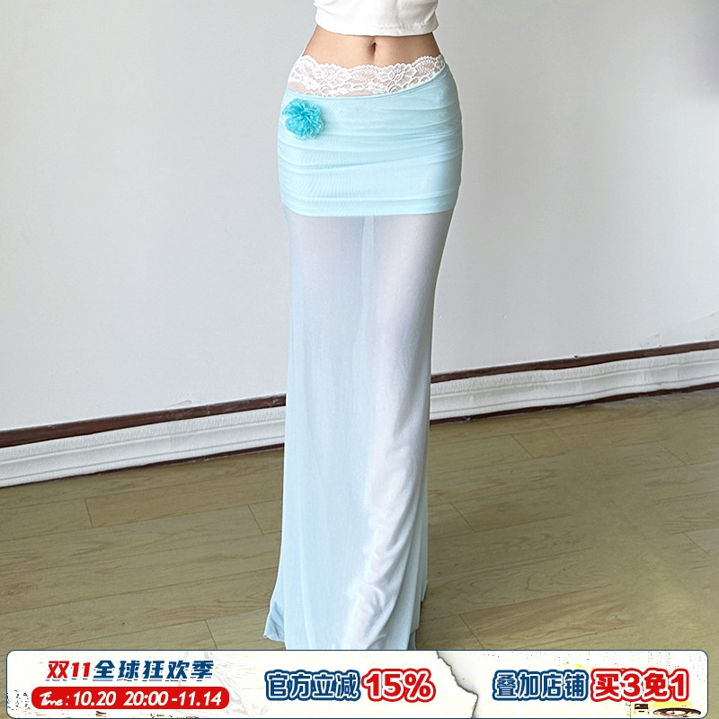 立体花装饰蓝色网纱半裙