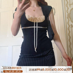 甜美蕾丝假两件拼接上衣学院复古系带蝴蝶结收腰T恤 ROCKMORE法式