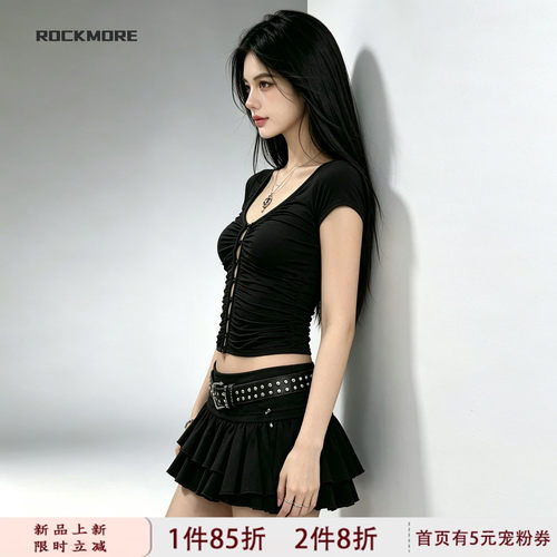 #ROCKMORE#纯欲时髦黑色V领排扣抽褶短袖上衣2026夏修身镂空T恤女