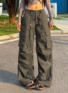 ROCKMORE【美式复古】军绿色系带松紧腰多口袋工装裤宽松显瘦长裤