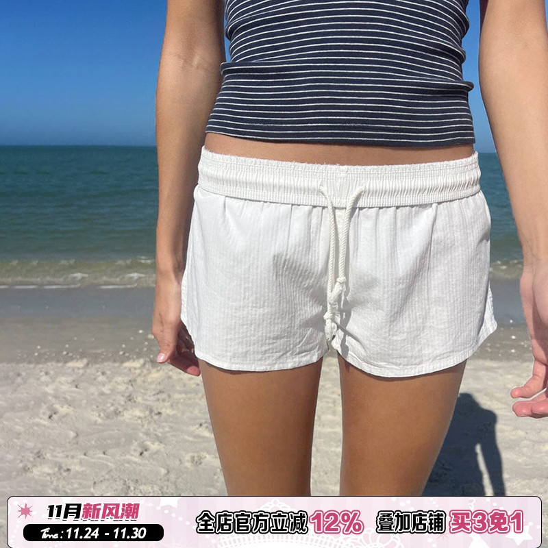 白色基础系带松紧腰运动休闲裤夏