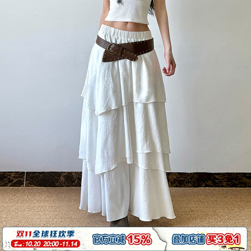低腰多层不规则白色长裙辣妹