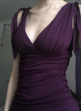 ROCKMORE【韵味复古】紫色交叉胸型绑带深V背心 褶皱收腰辣妹上衣