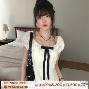 衬衫 ROCKMORE 撞色蝴蝶结格纹短袖 法式 少女风显瘦白色上衣 甜美
