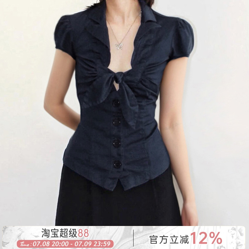 蝴蝶結系帶鏤空長袖襯衫