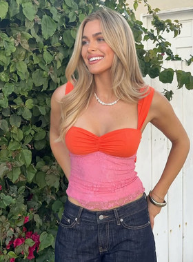 ROCKMORE【欧美ins】粉色蕾丝拼接橙色方领吊带性感后背绑带背心