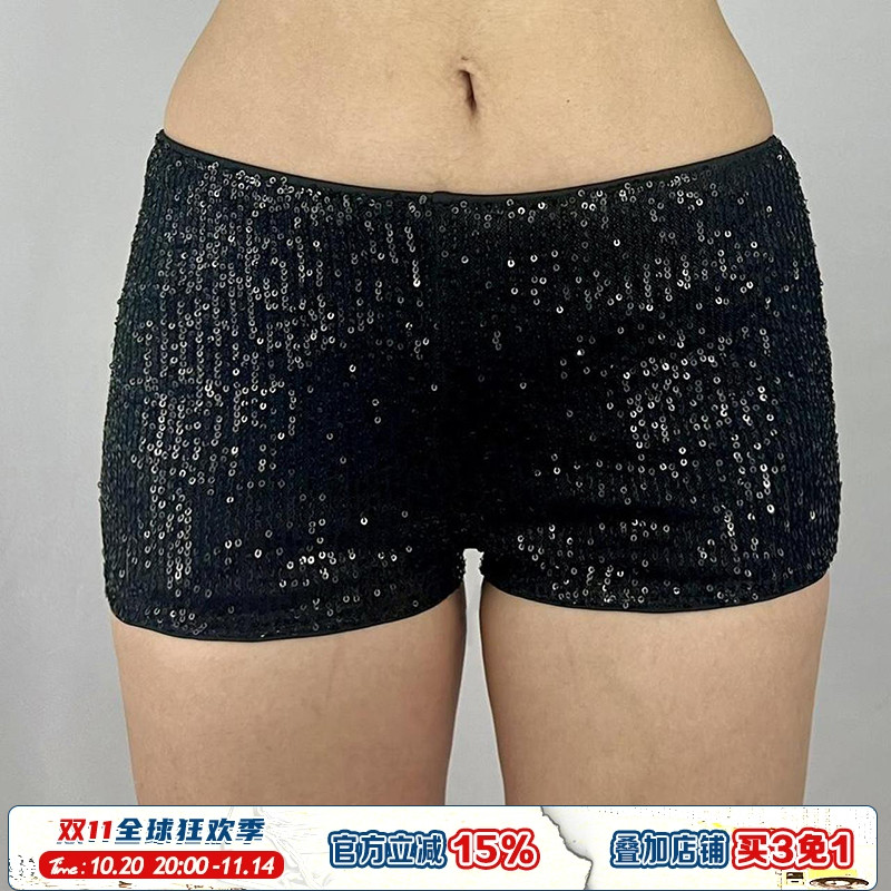 黑色闪耀亮片拼接低腰修身休闲裤
