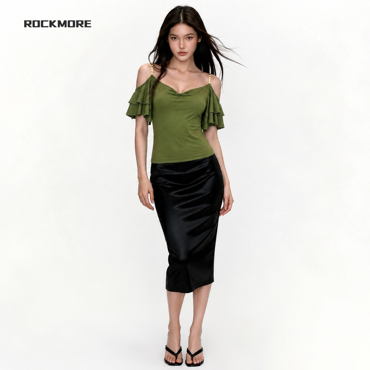 #ROCKMORE#青柠碎叶复古绿色串珠露肩荷叶边短袖T恤 修身显瘦上衣