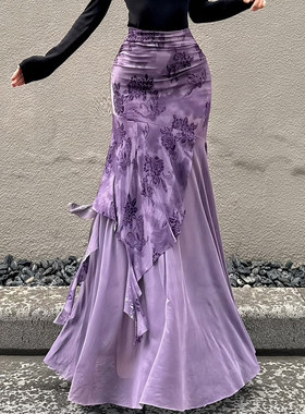 ROCKMORE【东方美学】紫色层次感不规则网纱半身裙古韵优雅中长裙