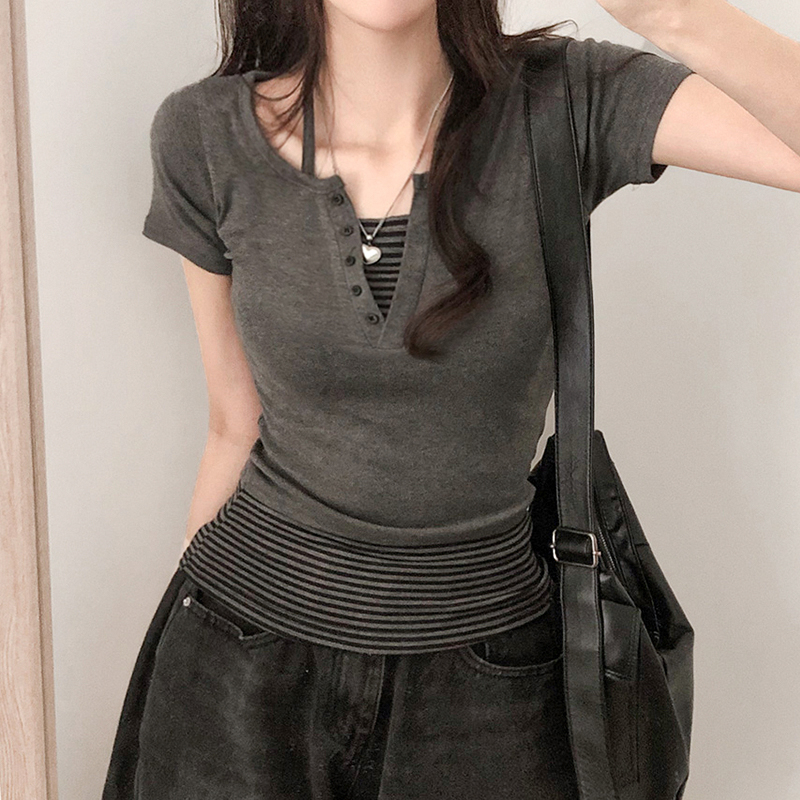 撞色条纹真两件短袖T恤女