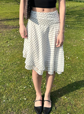 ROCKMORE【简约miu系】纯欲波点印花双层网纱半身裙 低腰褶皱中裙