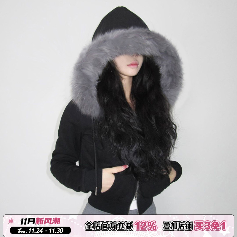 字母刺绣双头拉链款连帽短款上衣