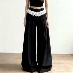 美式 裤 甜心 垂感西装 腰头花边蕾丝拼接撞色宽松休闲裤 ROCKMORE