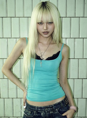 ROCKMORE【轻亚少女】撞色蕾丝拼接领口蓝色吊带性感修身辣妹背心