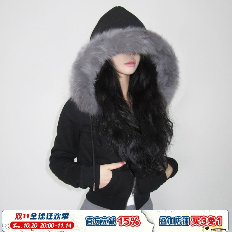 字母刺绣双头拉链款连帽短款上衣