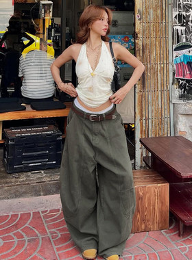 ROCKMORE【曼哈顿街头】军绿色复古阔腿垂感工装弯刀裤百搭休闲裤