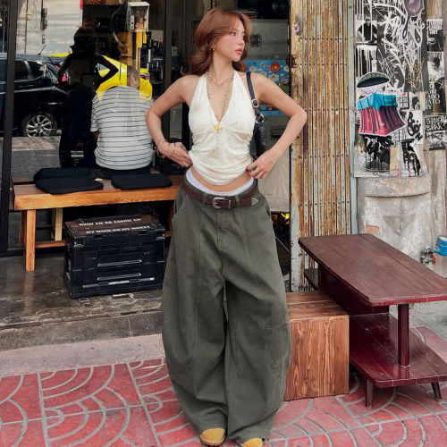 军绿色复古阔腿垂感工装弯刀裤女