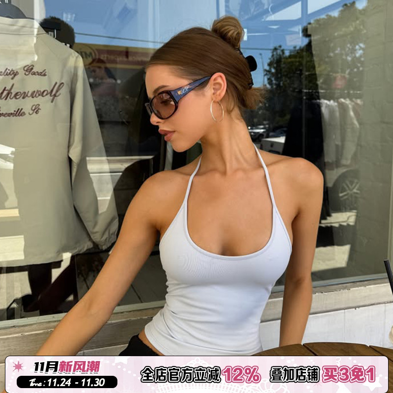 多巴胺红色系带挂脖露背吊带女夏