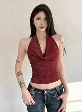 ROCKMORE【时髦通勤风】亮面设计荡领挂脖背心女红色露背绑带上衣