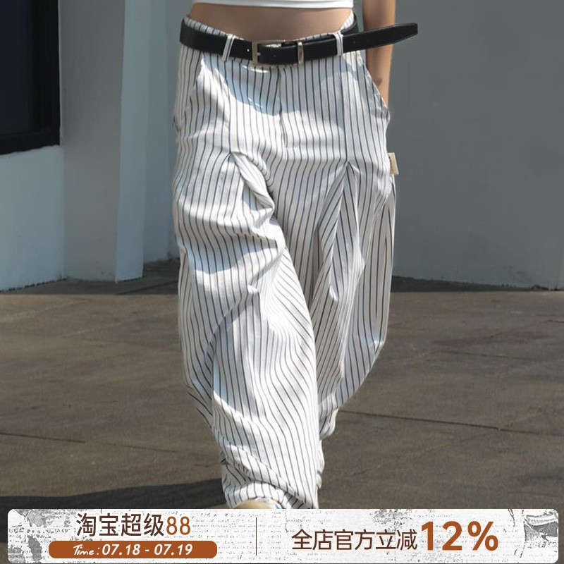 条纹低腰阔腿法式休闲裤