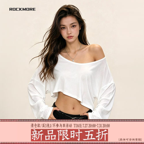 纯欲辣妹白色微透斜肩长袖T恤