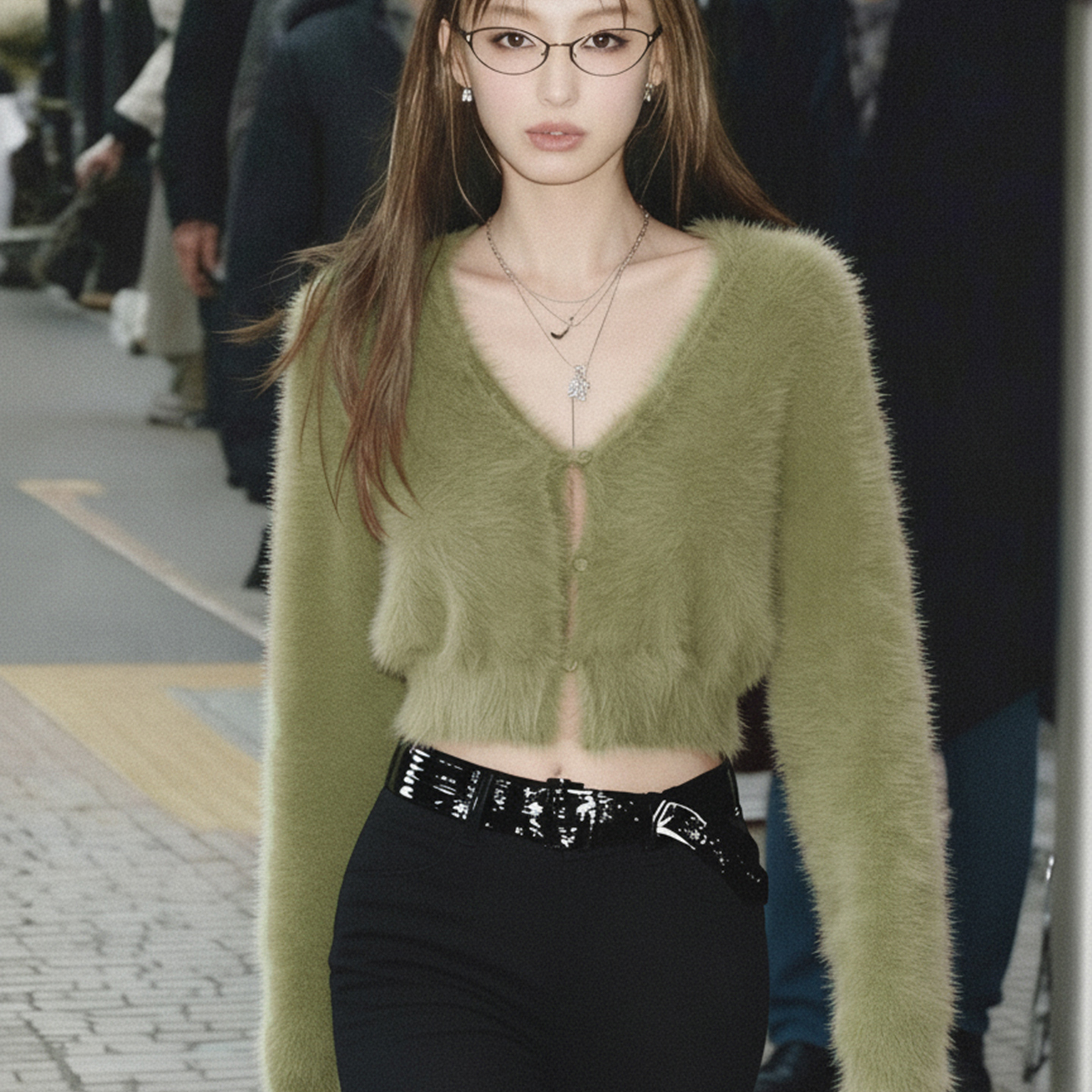 绿色温柔风仿水貂毛长袖开衫女