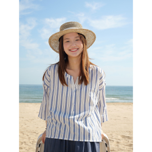 乐往L.WANG 原创春夏纯棉V领九分袖休闲文艺 上衣衬衫