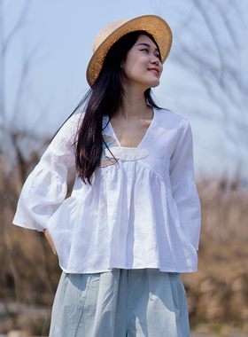 等雨天的蘑菇 夏白色亚麻喇叭袖宽松手绣衬衫上衣 乐往原创女装