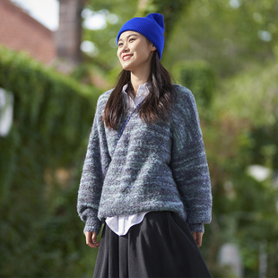 乐往原创女装 进口花纱文艺羊驼毛复古蓝休闲宽松毛衣 很少见