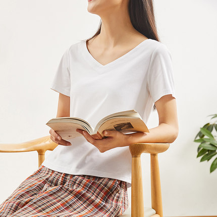 L.WANG 乐往原创女装 夏季短袖棉针织简约基本款通勤百搭文艺T恤