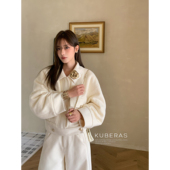 KUBERAS 套装 短款 宽松小香风翻领拼接夹克外套阔腿九分毛呢长裤