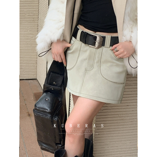 KUBERAS 短款重工设计感刺绣明线高腰裙裤短裙复古阔腿皮裤休闲裤