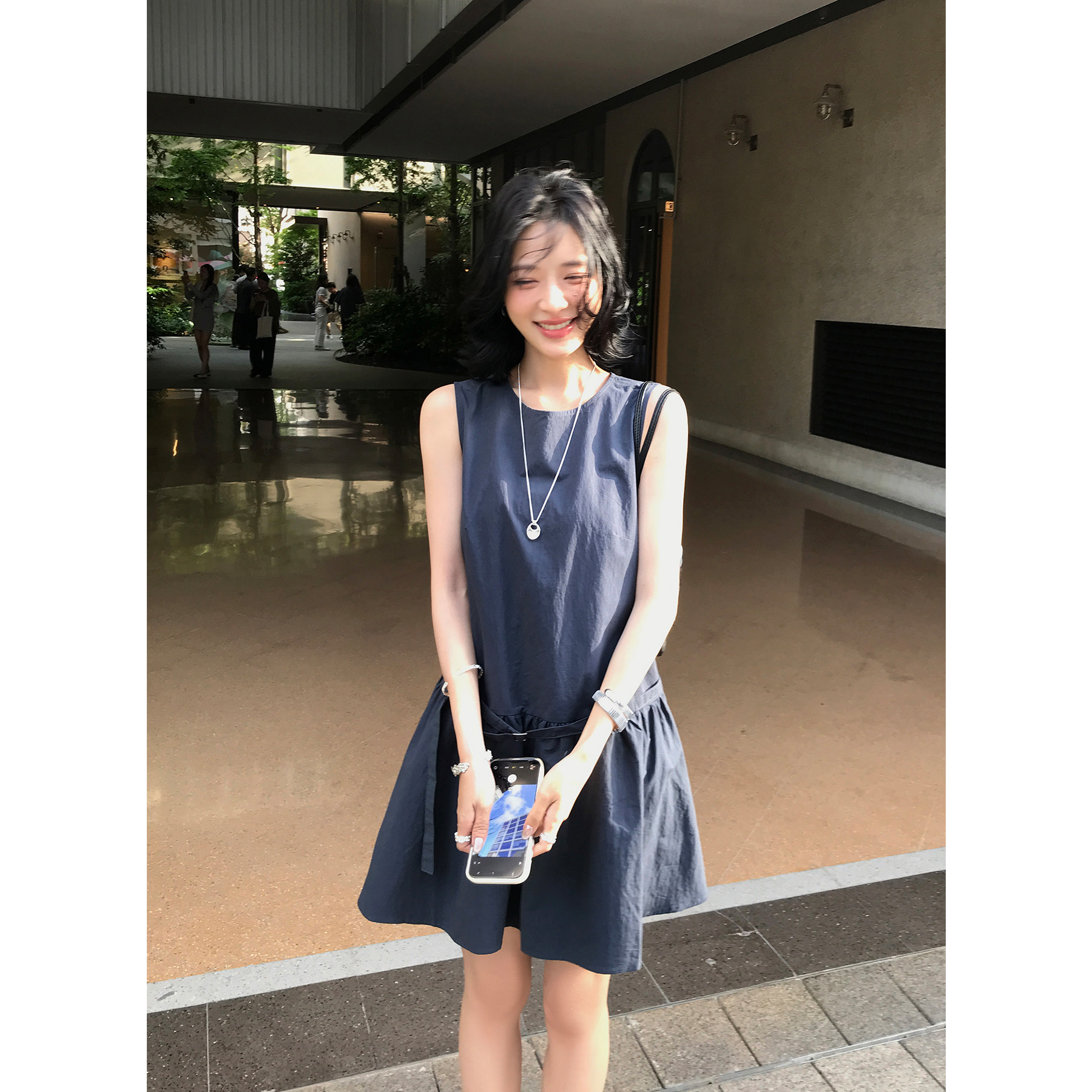 Hoo miyao 日系棉麻无袖A字裙小个子设计感宽松背心连衣裙送腰带