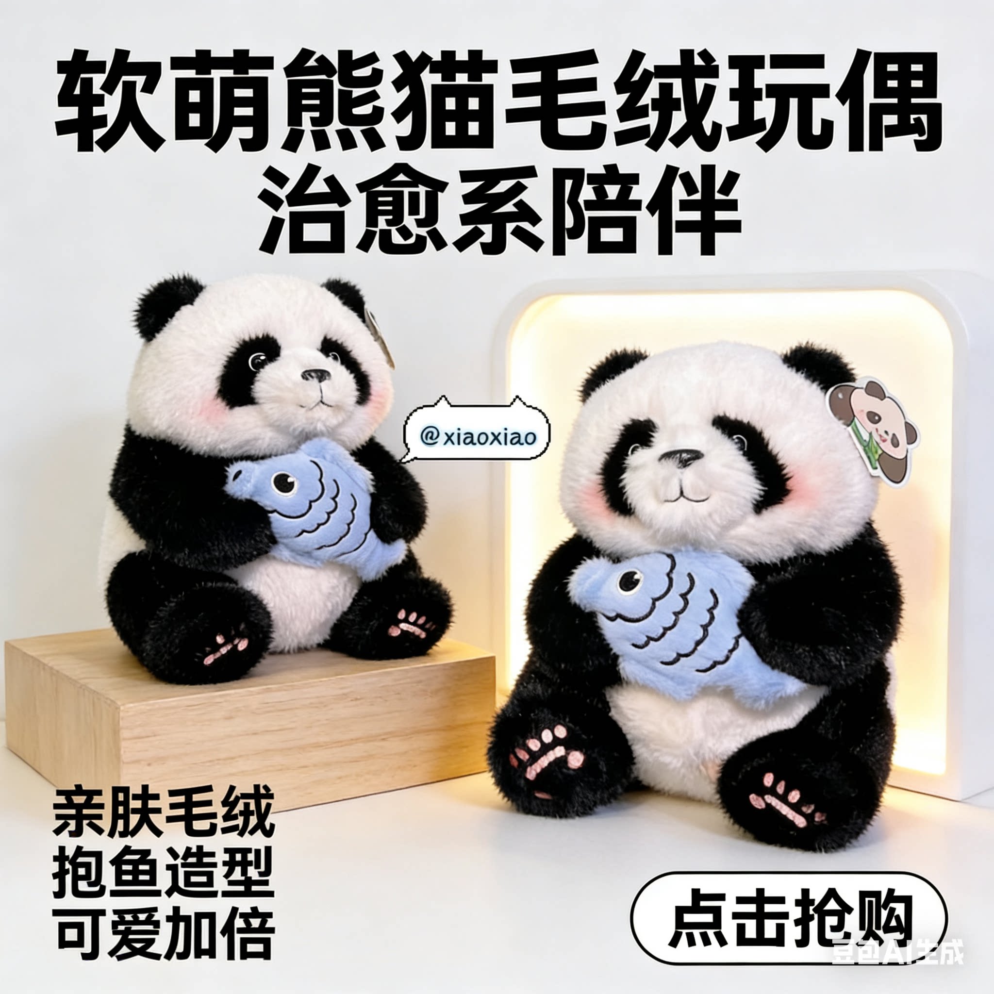 正版成都熊猫公仔花花年年有鱼熊猫仿真毛绒熊猫玩偶纪念品礼物