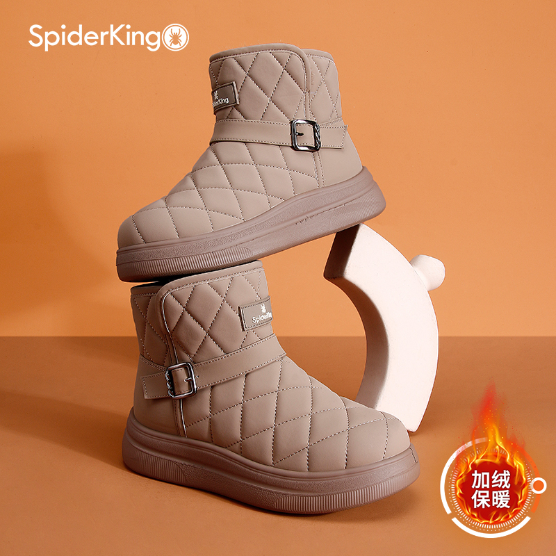 蜘蛛王女鞋2025冬季加绒保暖短靴厚底棉鞋女圆头休闲菱格纹雪地靴