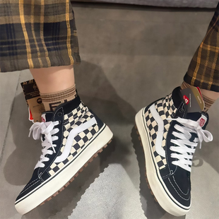 VANS范斯秋冬复古黑白棋盘格加绒保暖高帮男休闲板鞋VN0A5HZYA04