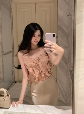 Middletone | 玫瑰露 重工立体风琴褶抹胸背心夏荷叶边裹胸上衣女